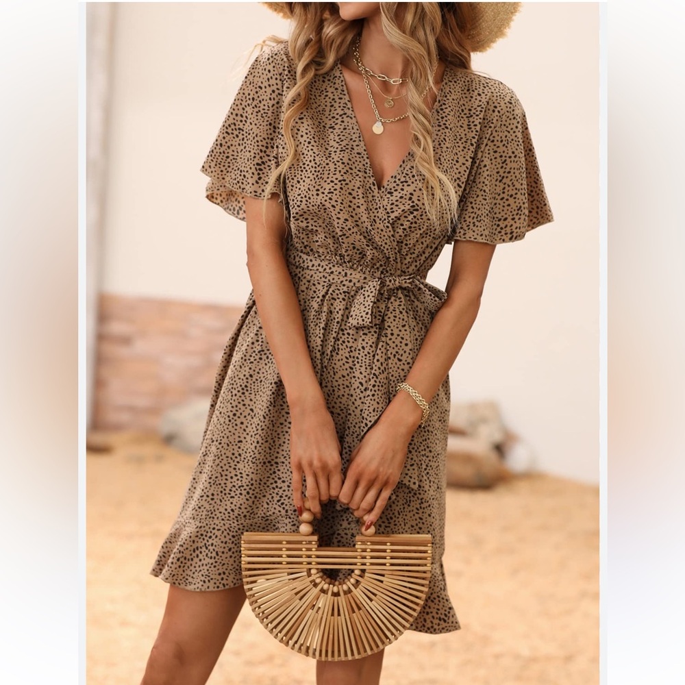 Elegant Brown Polka Dot Wrap Dress